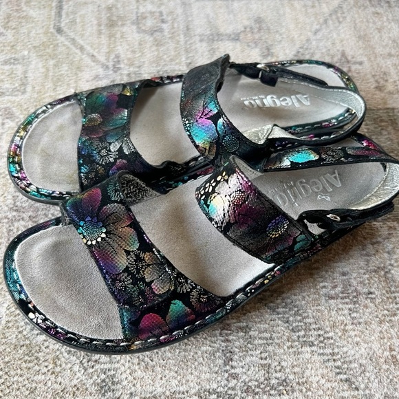 Alegria Verona Colorful Floral Sandals Black Boho Comfort Leather 7 Slip Hippie - Picture 13 of 13